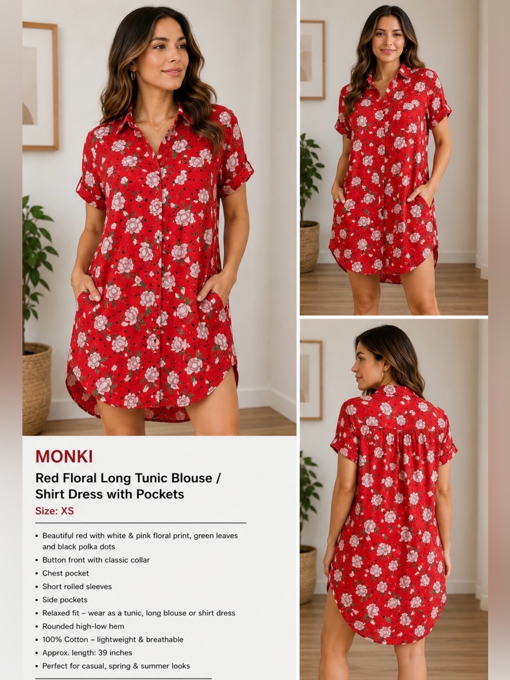 Monki Women’s Red Floral Button Front Long Tunic Blouse Shirt Dress XS